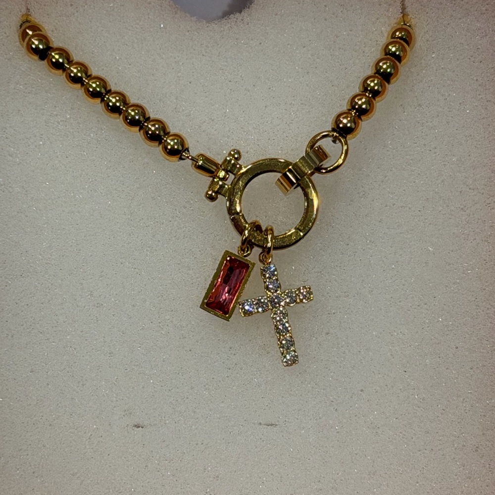 PAPERCLIP RUBY BIRTHSTONE CROSS CHARM BRACELET